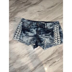 Vanilla Star Womens Denim Shorts Acid Wash Lace Inset Frayed Hem Size 11